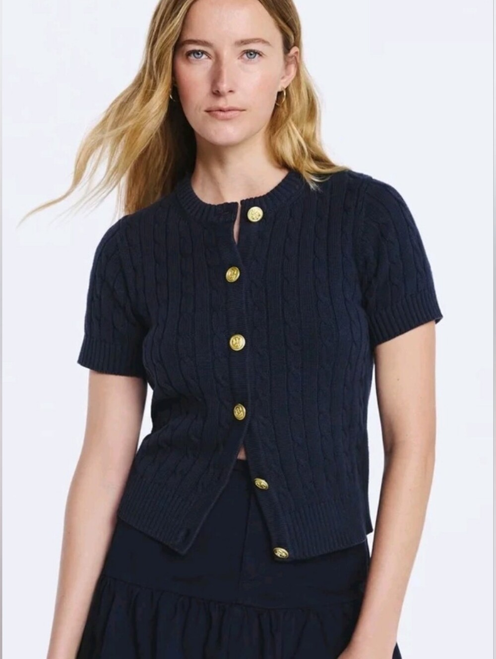 Free Assembly Womens Navy Cable Knit Short Sleeve Cardigan Sweater Preppy XS